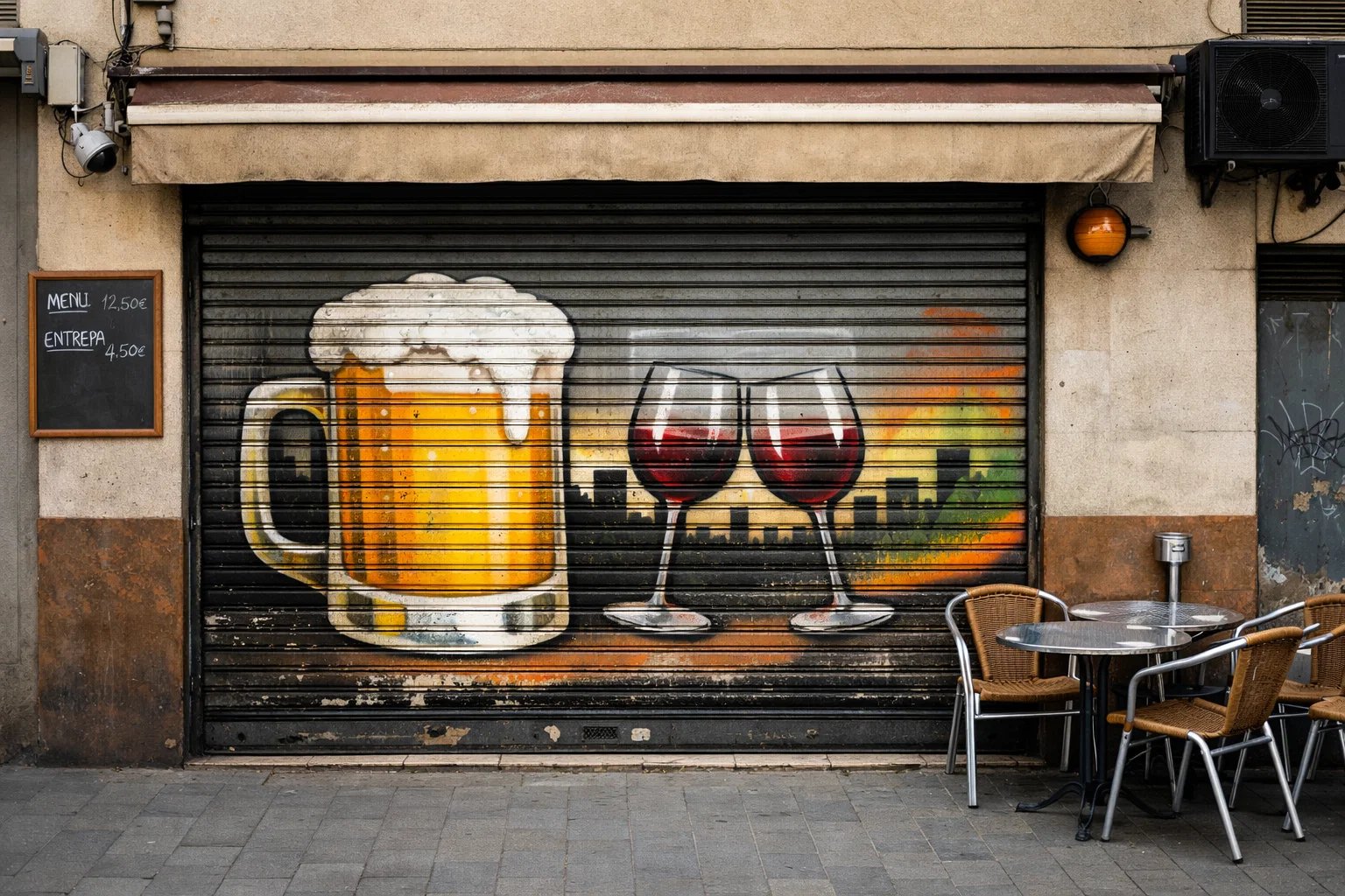 Persiana metálica decorada en bar de Cerdanyola del Vallès