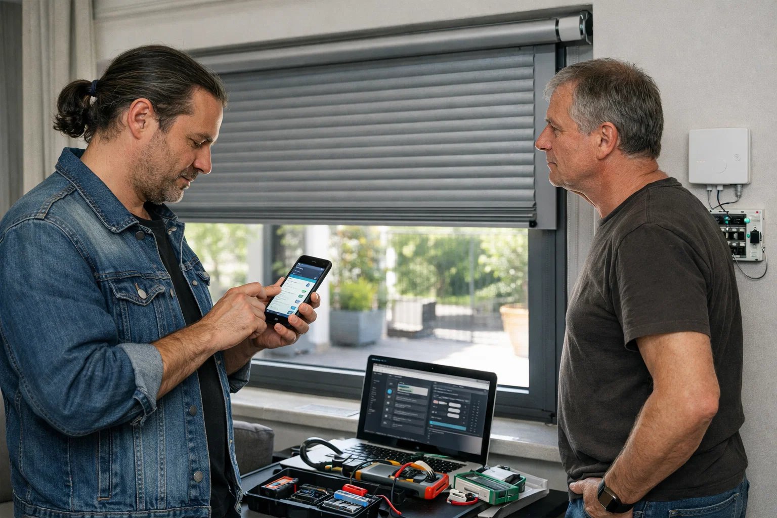 Técnico configurando control domótico de persiana motorizada en Cerdanyola