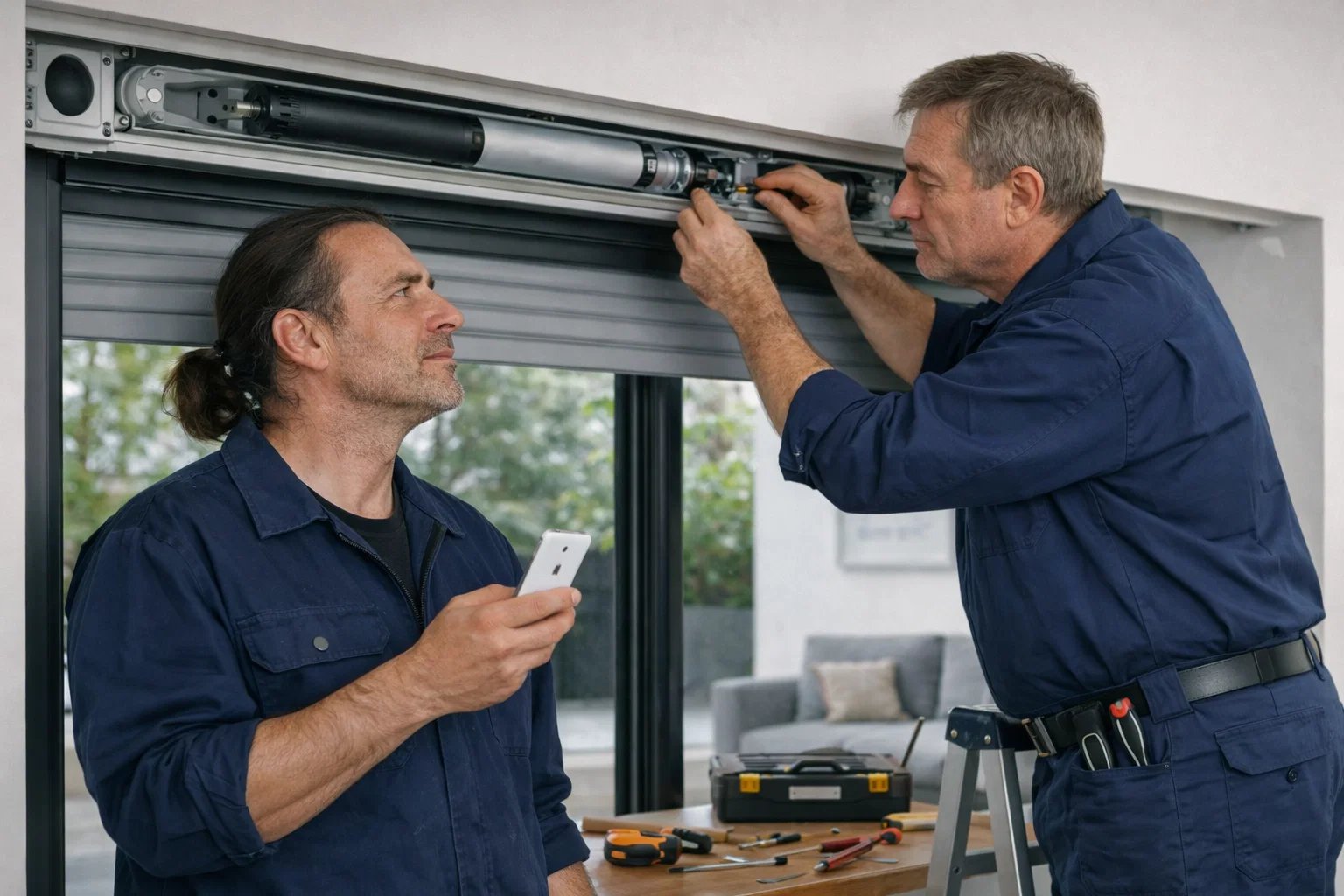 Técnicos de PECERCO instalando motor en persiana de Cerdanyola del Vallès